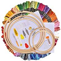 AFDEAL Kit de Inicio de Bordado-Kit de Herramienta de Punto de Cruz-5 Piezas Aros de Bambú- 100 Hilos de Color- 12 Por…